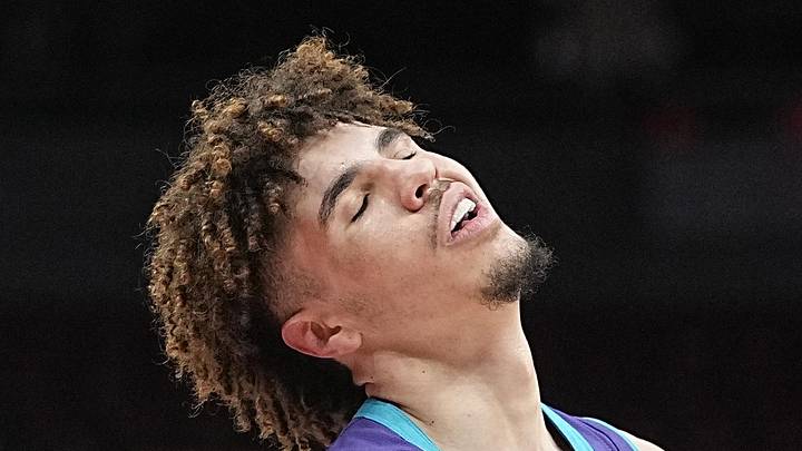 Charlotte Hornets guard LaMelo Ball (2) reacts after a play against the Toronto Raptors during the second half at Scotiabank Arena on Jan 25, 2022.