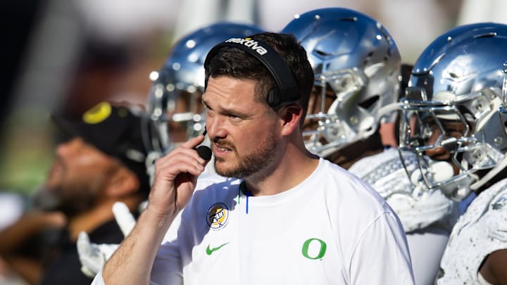 Nov 18, 2023; Tempe, Arizona, USA; Oregon Ducks head coach Dan Lanning against the Arizona State Sun Devils at Mountain America Stadium. Mandatory Credit: Mark J. Rebilas-Imagn Images