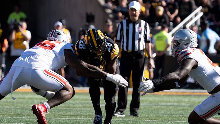 Iowa Hawkeyes running back Kamari Moulton (28) carries the ball against the Ohio State Buckeyes Oct. 3, 2026 at Kinnick Stadium in Iowa City, Iowa. Iowa Hawkeyes running back Kamari Moulton (28) carries the ball against the Ohio State Buckeyes Oct. 3, 2026 at Kinnick Stadium in Iowa City, Iowa.