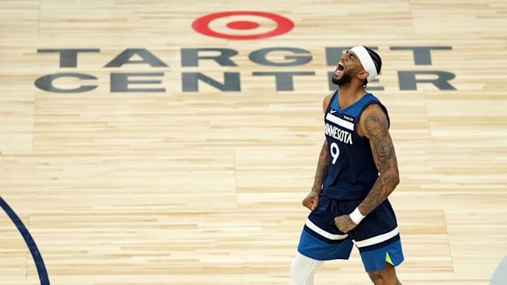 May 26, 2025; Minneapolis, Minnesota, USA; Minnesota Timberwolves guard Nickeil Alexander-Walker (9) reacts against the Oklahoma City Thunder in the second half during game four of the western conference finals for the 2025 NBA Playoffs at Target Center. May 26, 2025; Minneapolis, Minnesota, USA; Minnesota Timberwolves guard Nickeil Alexander-Walker (9) reacts against the Oklahoma City Thunder in the second half during game four of the western conference finals for the 2025 NBA Playoffs at Target Center.