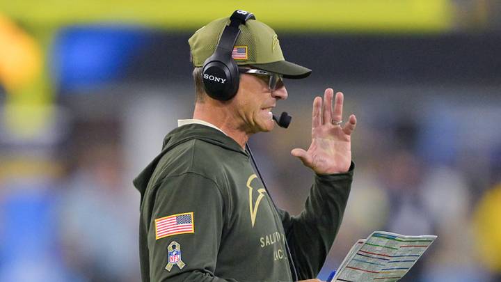 Nov 9, 2025; Inglewood, California, USA; Los Angeles Chargers head coach Jim Harbaugh reacts during the fourth quarter of the game against the Pittsburgh Steelers at SoFi Stadium. Mandatory Credit: Jayne Kamin-Oncea-Imagn Images