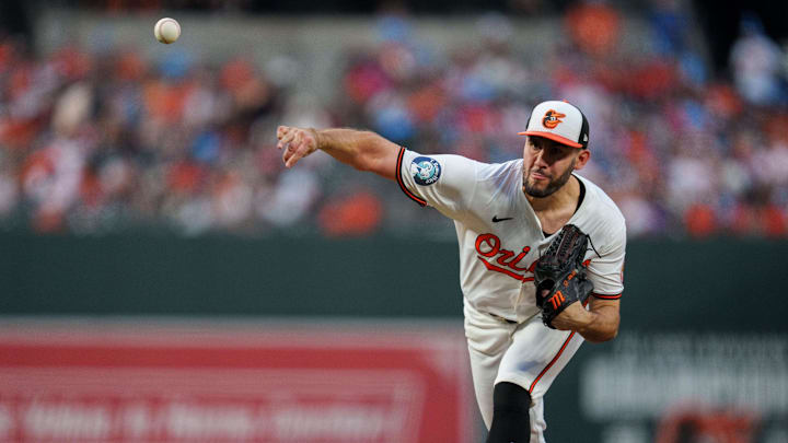 Jun 26, 2024; Baltimore, Maryland, USA; Baltimore Orioles pitcher Grayson Rodriguez (30) throws a pitch during the sixth inning against the Cleveland Guardians at Oriole Park at Camden Yards. Mandatory Credit: Reggie Hildred-Imagn Images