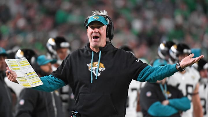 Nov 3, 2024; Philadelphia, Pennsylvania, USA; Jacksonville Jaguars head c coach Doug Pederson argues a call during the third quarter against the Philadelphia Eagles at Lincoln Financial Field. Mandatory Credit: Eric Hartline-Imagn Images