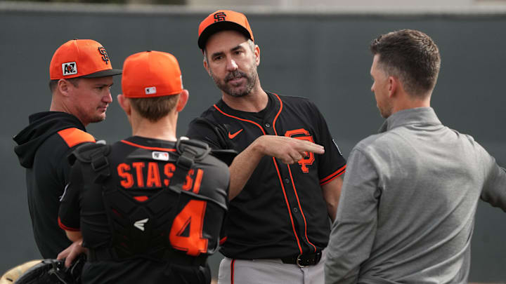 Feb 13, 2025; Scottsdale, AZ, USA; San Francisco Giants pitcher Justin Verlander (35) watches players work out in the bullpen during spring training camp. Feb 13, 2025; Scottsdale, AZ, USA; San Francisco Giants pitcher Justin Verlander (35) watches players work out in the bullpen during spring training camp.