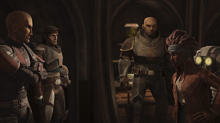 Star Wars: The Bad Batch Season 3 episode 12 "Juggernaut." Crosshair, Hunter, Wrecker, Phee Genoa, AZI. Image Credit: StarWars.com