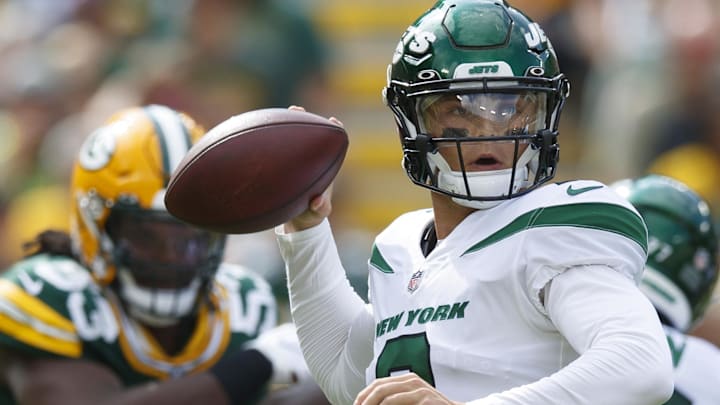 New York Jets quarterback Zach Wilson (2) throws a pass during the first quarter against the Green Bay Packers in 2021.