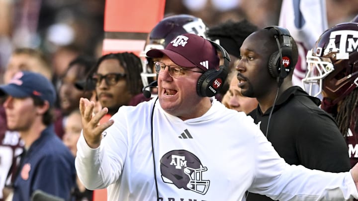 Sep 27, 2025; College Station, Texas, USA; Texas A&M Aggies head coach Mike Elko reacts during the third quarter against the Auburn Tigers at Kyle Field. Mandatory Credit: Maria Lysaker-Imagn Images 