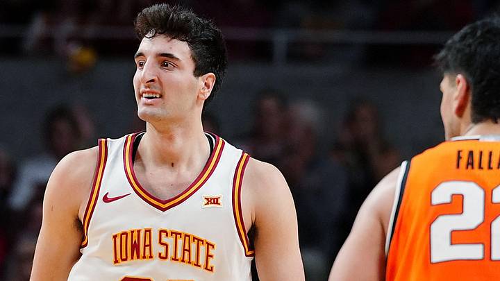 Iowa State Cyclones forward Milan Momcilovic (22) reacts after a three-point shot against Oklahoma State during the first half in the Big-12 men’s basketball on Jan. 10, 2026, at Hilton Coliseum in Ames, Iowa. Iowa State Cyclones forward Milan Momcilovic (22) reacts after a three-point shot against Oklahoma State during the first half in the Big-12 men’s basketball on Jan. 10, 2026, at Hilton Coliseum in Ames, Iowa.