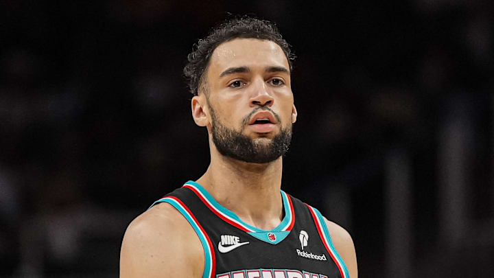 Mar 23, 2026; Atlanta, Georgia, USA; Memphis Grizzlies forward Tyler Burton (5) on the court against the Atlanta Hawks during the first half at State Farm Arena. Mandatory Credit: Dale Zanine-Imagn Images