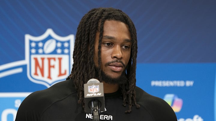 Feb 28, 2025; Indianapolis, IN, USA; Oregon running back Jordan James (RB14) talks to the press during the 2025 NFL Combine at Indiana Convention Center. Mandatory Credit: Stephanie Amador Blondet-Imagn Images