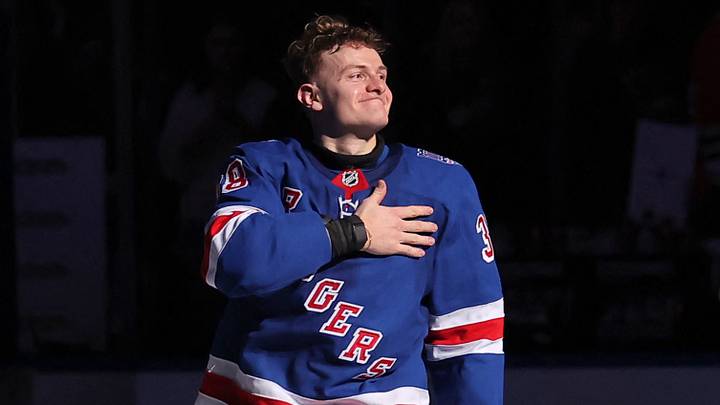 Mar 27, 2026; New York, New York, USA; New York Rangers left wing Adam Sykora (38) reacts after being named second star of the game after defeating the Chicago Blackhawks at Madison Square Garden. Mandatory Credit: Brad Penner-Imagn Images