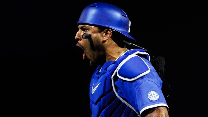 Jun 2, 2024; Lexington, KY, USA; Kentucky Wildcats catcher Devin Burkes (7) celebrates a strikeout during the sixth inning against the Indiana State Sycamores at Kentucky Proud Park. Mandatory Credit: Jordan Prather-Imagn Images Jun 2, 2024; Lexington, KY, USA; Kentucky Wildcats catcher Devin Burkes (7) celebrates a strikeout during the sixth inning against the Indiana State Sycamores at Kentucky Proud Park. Mandatory Credit: Jordan Prather-Imagn Images