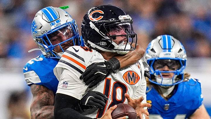 Detroit Lions safety Brian Branch (32) sacks Chicago Bears quarterback Caleb Williams (18) at Ford Field Detroit Lions safety Brian Branch (32) sacks Chicago Bears quarterback Caleb Williams (18) at Ford Field