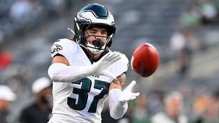 Aug 22, 2025; East Rutherford, New Jersey, USA; Philadelphia Eagles safety Maxen Hook (37) warms up before the game against the New York Jets at MetLife Stadium.