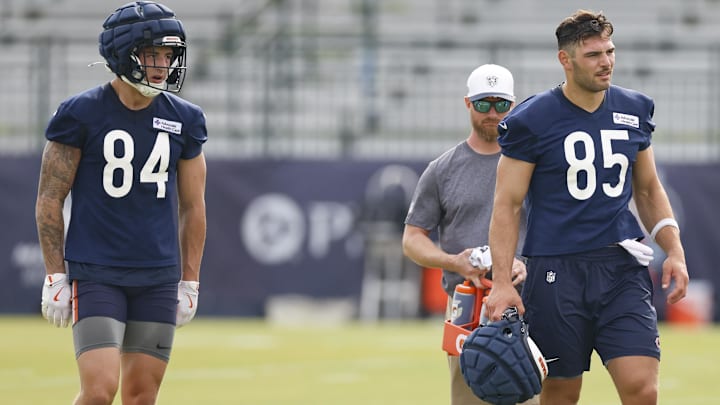 Colston Loveland (left) and Cole Kmet present an opportunity for coach Ben Johnson in 12-personnel packages.
