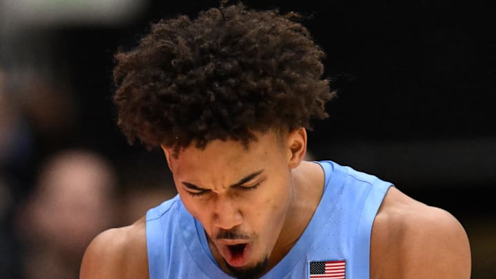 Jan 14, 2026; Stanford, California, USA; North Carolina Tar Heels guard Seth Trimble (7) celebrates against the Stanford Cardinal in the second half at Maples Pavilion. Mandatory Credit: Eakin Howard-Imagn Images