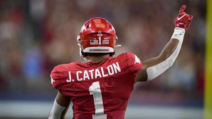 Sep 25, 2021; Arlington, Texas, USA; Arkansas Razorbacks defensive back Jalen Catalon (1) celebrates during the second half against the Texas A&M Aggies at AT&T Stadium.