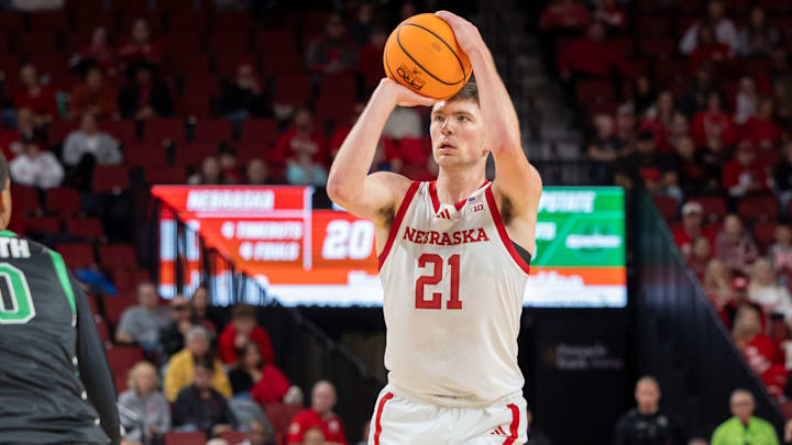 Nebraska guard Pryce Sandfort shoots a three-pointer against USC Upstate.