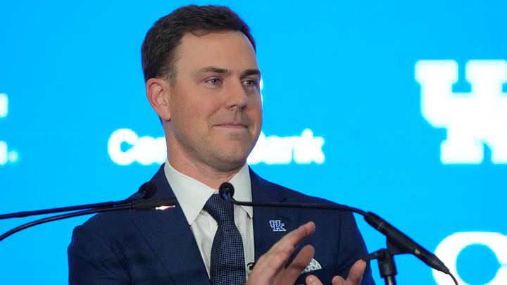 New Kentucky Wildcat head coach Will Stein makes remarks as he is introduced at Kentucky on Wednesday, December 3, 2025