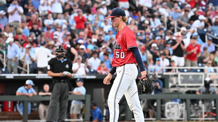 Jun 12, 2026; Omaha, NE, USA; Mississippi Rebels starting pitcher Taylor Rabe (50) leaves the field in the sixth inning against the North Carolina Tar Heels at Charles Schwab Field. Mandatory Credit: Steven Branscombe-Imagn Images