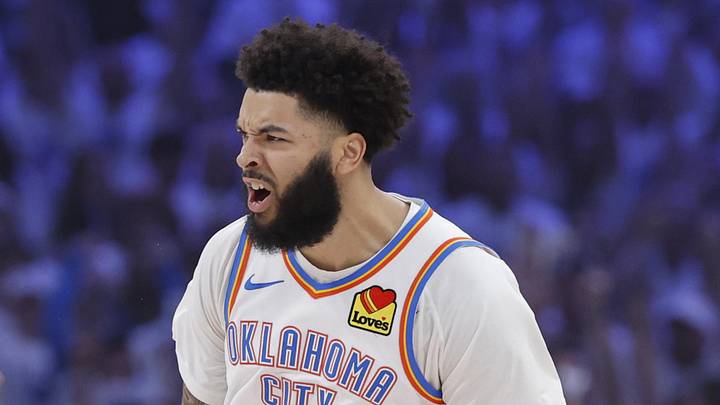May 26, 2026; Oklahoma City, Oklahoma, USA; Oklahoma City Thunder guard Kenrich Williams (34) reacts after a play during the first quarter against the San Antonio Spurs in game five of the western conference finals for the 2026 NBA playoffs at Paycom Center. Mandatory Credit: Alonzo Adams-Imagn Images