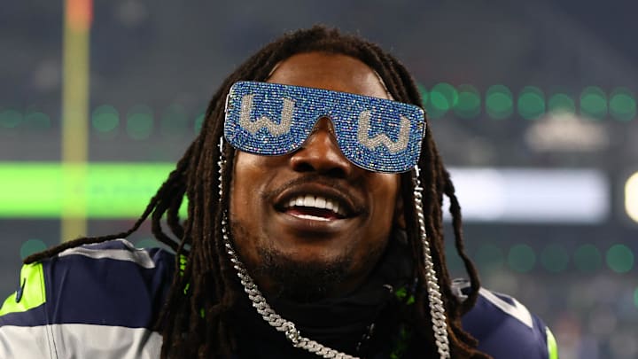 Seattle Seahawks cornerback Riq Woolen celebrates Seattle Seahawks cornerback Riq Woolen celebrates