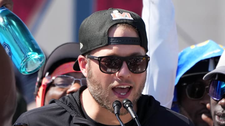 Feb 16, 2022; Los Angeles, CA, USA; Los Angeles Rams quarterback Matthew Stafford during the Super Bowl LVI championship rally at the Los Angeles Memorial Coliseum. Mandatory Credit: Kirby Lee-Imagn Images