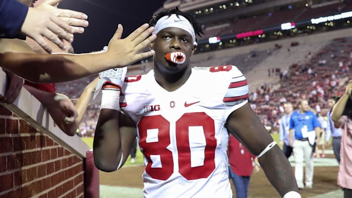 Sep 17, 2016; Norman, OK, USA; Ohio State Buckeyes wide receiver Noah Brown (80) celebrates with fans after the game against the Oklahoma Sooners at Gaylord Family - Oklahoma Memorial Stadium. Mandatory Credit: Kevin Jairaj-Imagn Images