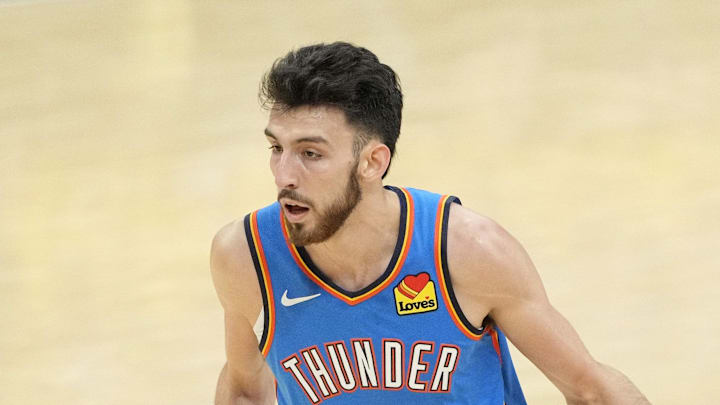 Jun 13, 2025; Indianapolis, Indiana, USA; Oklahoma City Thunder forward Chet Holmgren (7) dribbles the ball against the Indiana Pacers during the first half during game four of the 2025 NBA Finals at Gainbridge Fieldhouse. Mandatory Credit: Kyle Terada-Imagn Images