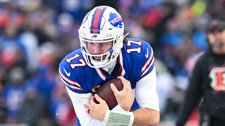Dec 7, 2025; Orchard Park, New York, USA; Buffalo Bills quarterback Josh Allen (17) runs with the ball in the third quarter against the Cincinnati Bengals at Highmark Stadium. Mandatory Credit: Mark Konezny-Imagn Images