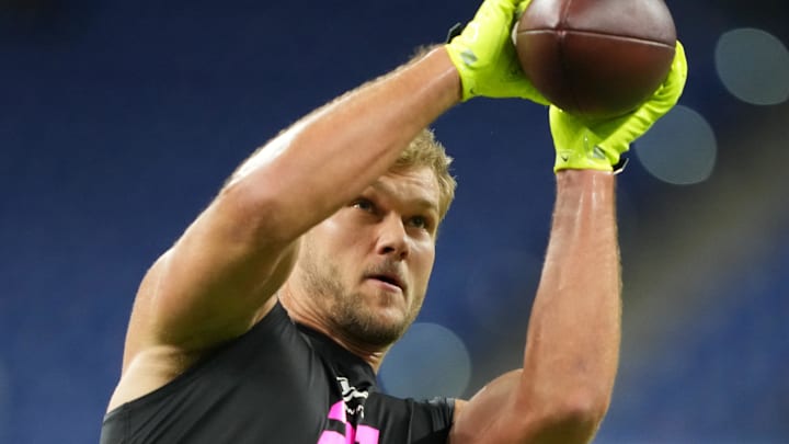 Stanford tight end  Sam Roush catches a pass at the NFL Scouting Combine at Lucas Oil Stadium. 