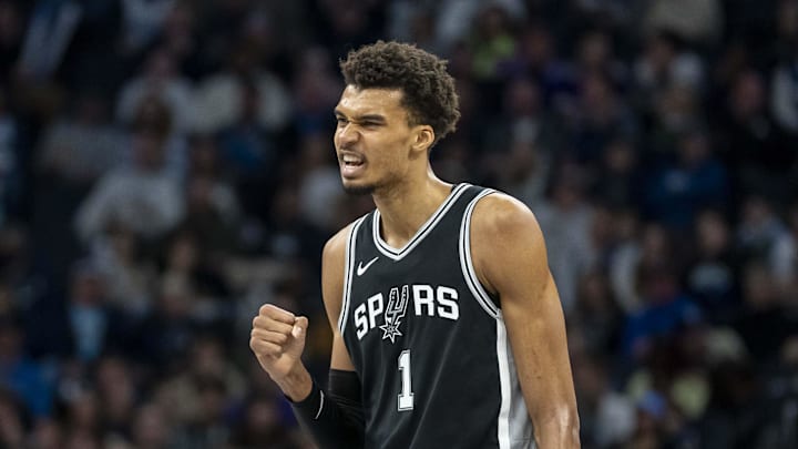 Dec 29, 2024; Minneapolis, Minnesota, USA; San Antonio Spurs center Victor Wembanyama (1) celebrates after making a shot against the Minnesota Timberwolves in the second half at Target Center. Mandatory Credit: Jesse Johnson-Imagn Images Dec 29, 2024; Minneapolis, Minnesota, USA; San Antonio Spurs center Victor Wembanyama (1) celebrates after making a shot against the Minnesota Timberwolves in the second half at Target Center. Mandatory Credit: Jesse Johnson-Imagn Images
