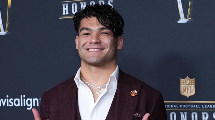 Feb 5, 2026; San Francisco, CA, USA; Los Angeles Rams receiver Puka Nacua poses on the NFL Honors Red Carpet before Super Bowl LX at Palace of Fine Arts. Mandatory Credit: Kirby Lee-Imagn Images