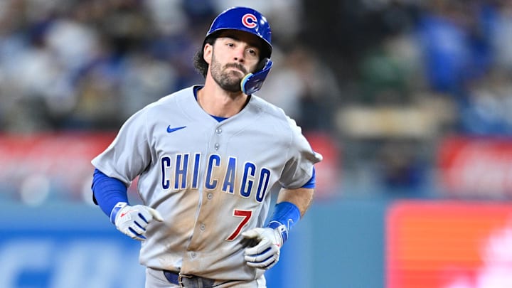 Apr 24, 2026; Los Angeles, California, USA; Chicago Cubs shortstop Dansby Swanson (7) rounds the bases after hitting a two run home run during the ninth inning against the Los Angeles Dodgers at Dodger Stadium. Mandatory Credit: William Liang-Imagn Images