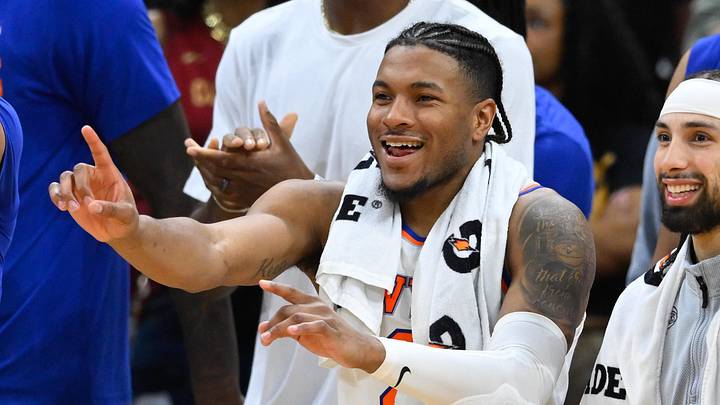 May 25, 2026; Cleveland, Ohio, USA; New York Knicks guard Miles McBride (2) and guard Jose Alvarado (5) react after defeating the Cleveland Cavaliers in game four of the eastern conference finals for the 2026 NBA playoffs at Rocket Arena. Mandatory Credit: David Richard-Imagn Images