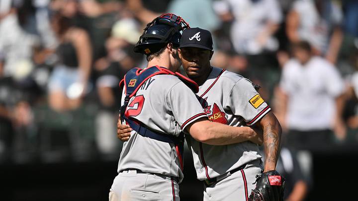 Aug 20, 2026; Chicago, Illinois, USA;  Atlanta Braves pitcher Raisel Iglesias (26) celebrates with catcher Sean Murphy (12) after defeating the Chicago White Sox at Rate Field.  Mandatory Credit: Patrick Gorski-Imagn Images