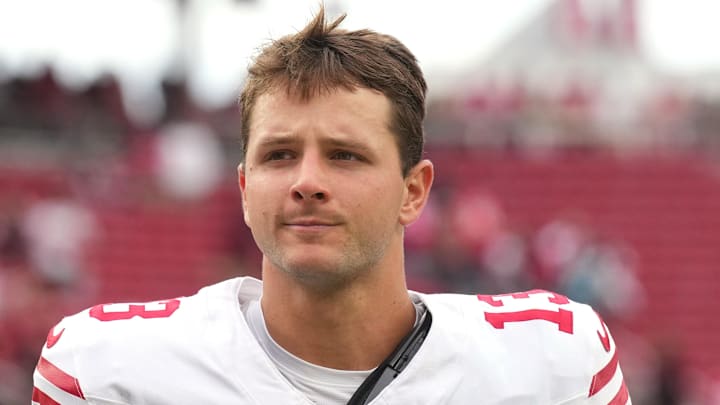 Sep 28, 2025; Santa Clara, California, USA; San Francisco 49ers quarterback Brock Purdy (13) after the game against the Jacksonville Jaguars at Levi's Stadium. Mandatory Credit: Darren Yamashita-Imagn Images