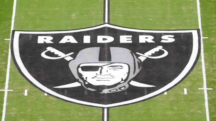 Jan 4, 2026; Paradise, Nevada, USA; The Las Vegas Raiders shield logo at midfield at Allegiant Stadium. Mandatory Credit: Kirby Lee-Imagn Images