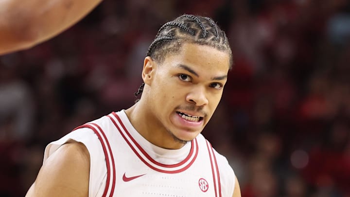 Jan 3, 2026; Fayetteville, Arkansas, USA; Arkansas Razorbacks guard Darius Acuff Jr (5) reacts after scoring in the first half against the Tennessee Volunteers at Bud Walton Arena. Mandatory Credit: Nelson Chenault-Imagn Images