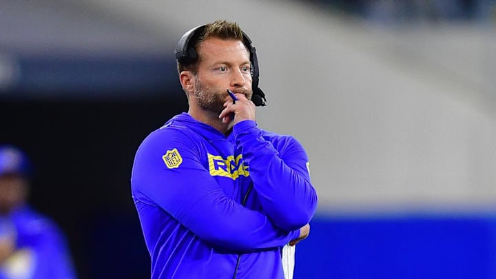 Nov 24, 2024; Inglewood, California, USA; Los Angeles Rams head coach Sean McVay watches game action against the Philadelphia Eagles during the first half at SoFi Stadium. Mandatory Credit: Gary A. Vasquez-Imagn Images