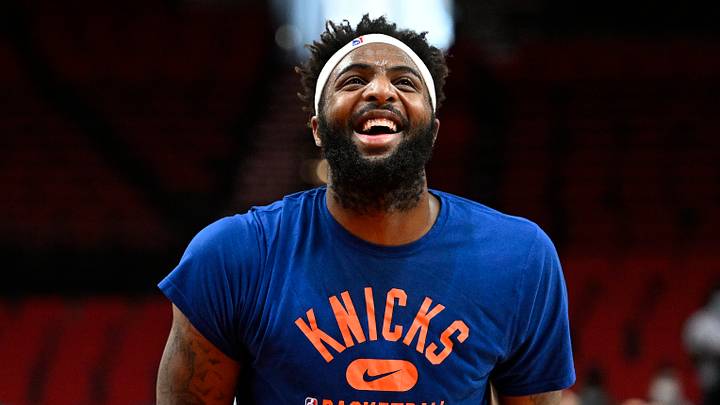 Feb 12, 2022; Portland, Oregon, USA; New York Knicks center Mitchell Robinson (23) reacts during a light-hearted moment while warming up before a game against the Portland Trail Blazers at Moda Center. Mandatory Credit: Troy Wayrynen-USA TODAY Sports Feb 12, 2022; Portland, Oregon, USA; New York Knicks center Mitchell Robinson (23) reacts during a light-hearted moment while warming up before a game against the Portland Trail Blazers at Moda Center. Mandatory Credit: Troy Wayrynen-USA TODAY Sports