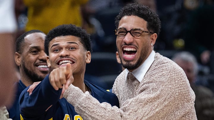 Nov 19, 2025; Indianapolis, Indiana, USA; Indiana Pacers guard RayJ Dennis (10) and guard Tyrese Haliburton (0) : Trevor Ruszkowski-Imagn Images