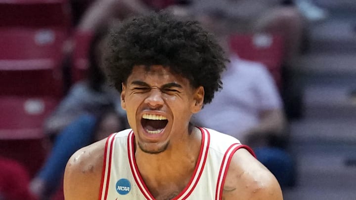 Mar 20, 2026; San Diego, CA, USA; Arizona Wildcats forward Koa Peat (10) reacts in the first half against the LIU Sharks during a first round game of the men's 2026 NCAA Tournament at Viejas Arena. Mandatory Credit: Kirby Lee-Imagn Images Mar 20, 2026; San Diego, CA, USA; Arizona Wildcats forward Koa Peat (10) reacts in the first half against the LIU Sharks during a first round game of the men's 2026 NCAA Tournament at Viejas Arena. Mandatory Credit: Kirby Lee-Imagn Images