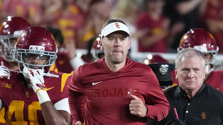 Sep 4, 2026; Los Angeles, California, USA; Southern California Trojans head coach Lincoln Riley leaves the field against the Fresno State Bulldogs in the first half at United Airlines Field at Los Angeles Memorial Coliseum. Sep 4, 2026; Los Angeles, California, USA; Southern California Trojans head coach Lincoln Riley leaves the field against the Fresno State Bulldogs in the first half at United Airlines Field at Los Angeles Memorial Coliseum.