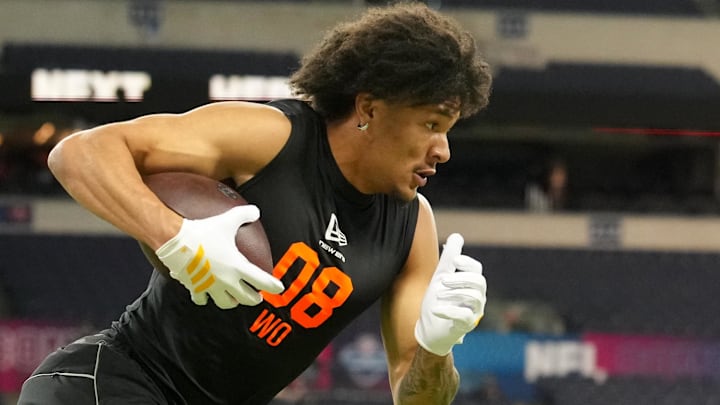 Feb 28, 2026; Indianapolis, IN, USA; Washington wideout Denzel Boston (WO08) during the NFL Scouting Combine at Lucas Oil Stadium. Mandatory Credit: Kirby Lee-Imagn Images