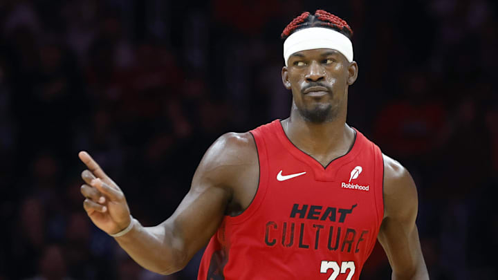 Nov 24, 2024; Miami, Florida, USA; Miami Heat forward Jimmy Butler (22) reacts against the Dallas Mavericks during the second half at Kaseya Center. Mandatory Credit: Rhona Wise-Imagn Images Nov 24, 2024; Miami, Florida, USA; Miami Heat forward Jimmy Butler (22) reacts against the Dallas Mavericks during the second half at Kaseya Center. Mandatory Credit: Rhona Wise-Imagn Images