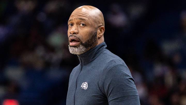 Apr 5, 2026; New Orleans, Louisiana, USA;  Orlando Magic Head Coach Jamahl Mosley reacts to a play against the New Orleans Pelicans during the second half at Smoothie King Center. Mandatory Credit: Stephen Lew-Imagn Images
