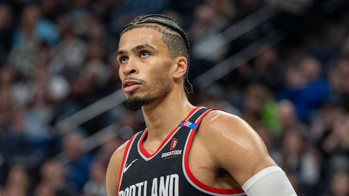 Feb 8, 2025; Minneapolis, Minnesota, USA; Portland Trail Blazers forward Toumani Camara (33) reacts to a call in the third quarter against the Minnesota Timberwolves at Target Center. Mandatory Credit: Matt Blewett-Imagn Images