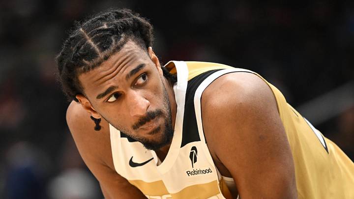 Feb 8, 2026; Washington, District of Columbia, USA;  Washington Wizards center Alex Sarr (20) looks up during a free throw against the Miami Heat during the third quarter at Capital One Arena. Mandatory Credit: Rafael Suanes-Imagn Images