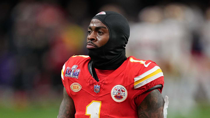 Feb 11, 2024; Paradise, Nevada, USA; Kansas City Chiefs running back Jerick McKinnon (1) warms up before Super Bowl LVIII against the San Francisco 49ers at Allegiant Stadium. Mandatory Credit: Kirby Lee-Imagn Images